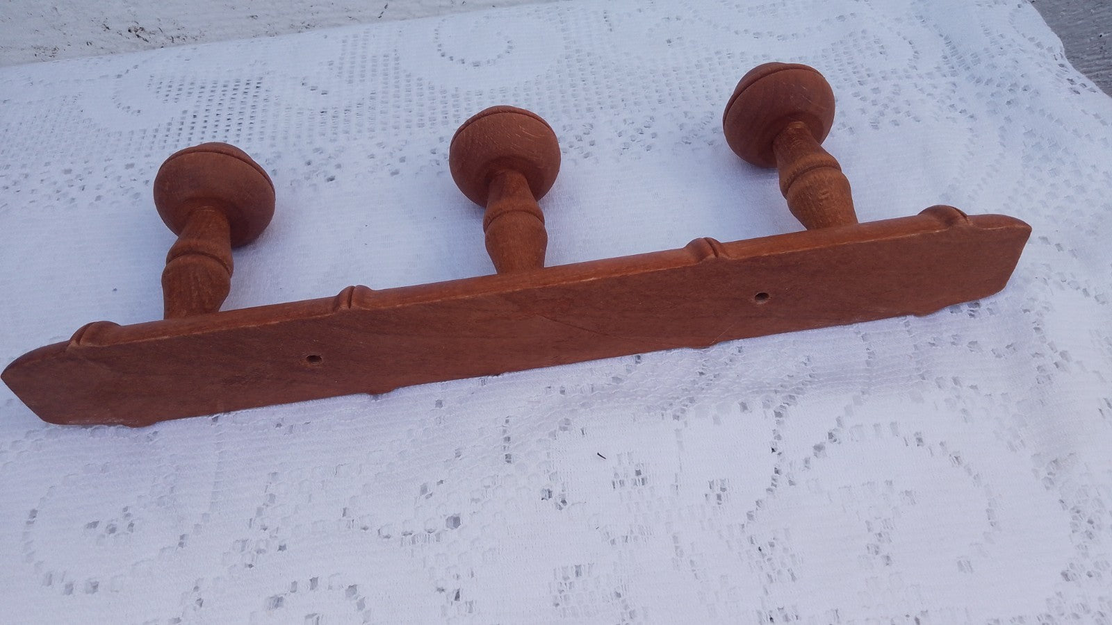 Vintage French 13.75" FAUX BAMBOO TURNED WOOD 3 HOOK COAT RACK Mushroom Pegs