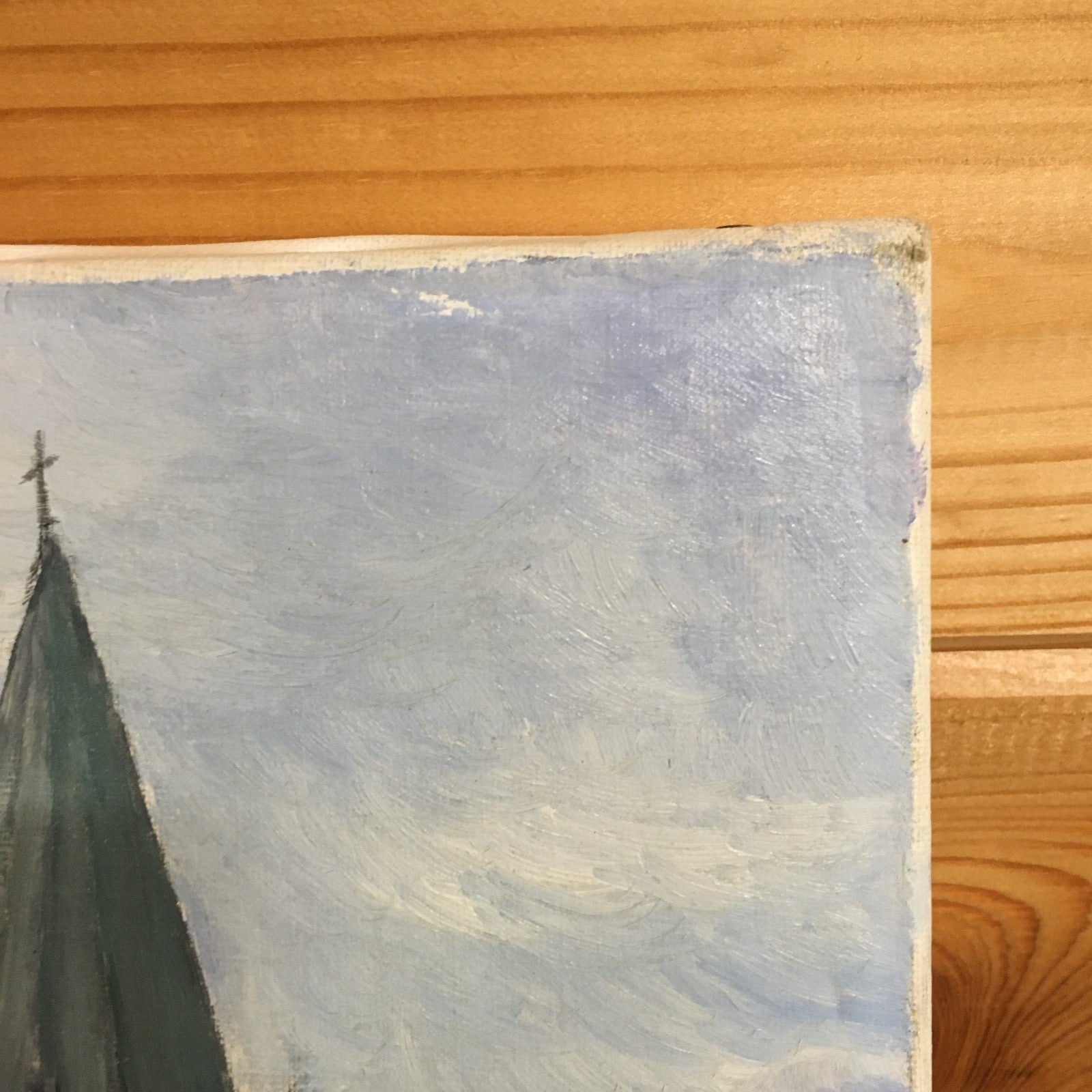 French Naive Vintage Oil Painting.  A French Church. Signed with initials J.W