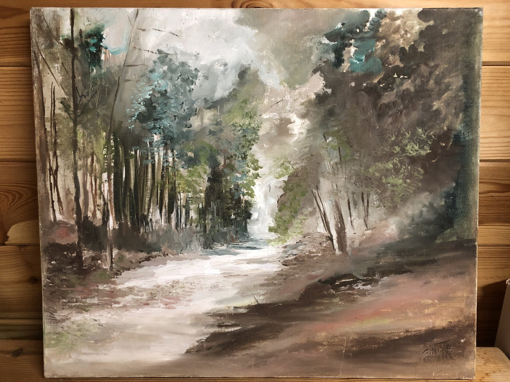 French Naive Vintage Oil Painting. A Woodland Walk. Signed  Christa?