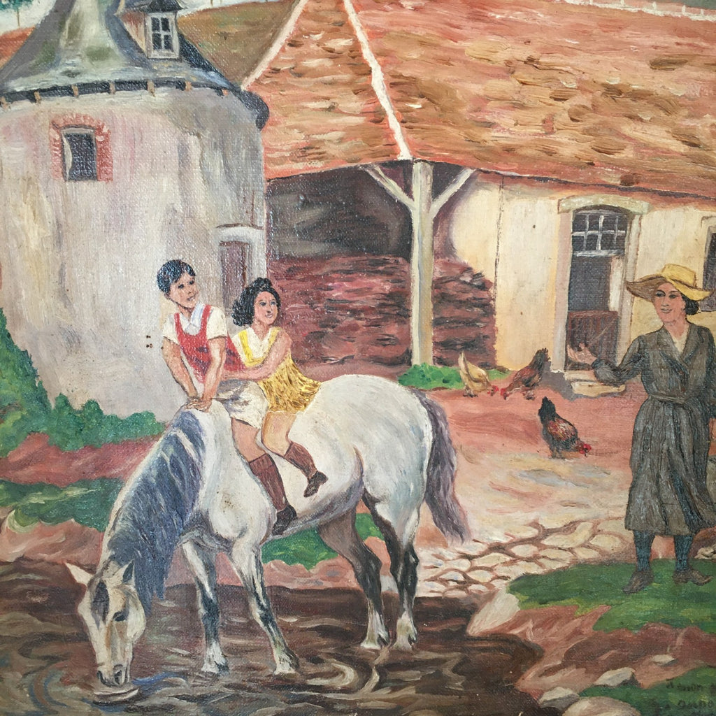 Original Naive Oil on Board French Farm House Scene Family & Horse Signed Dupont