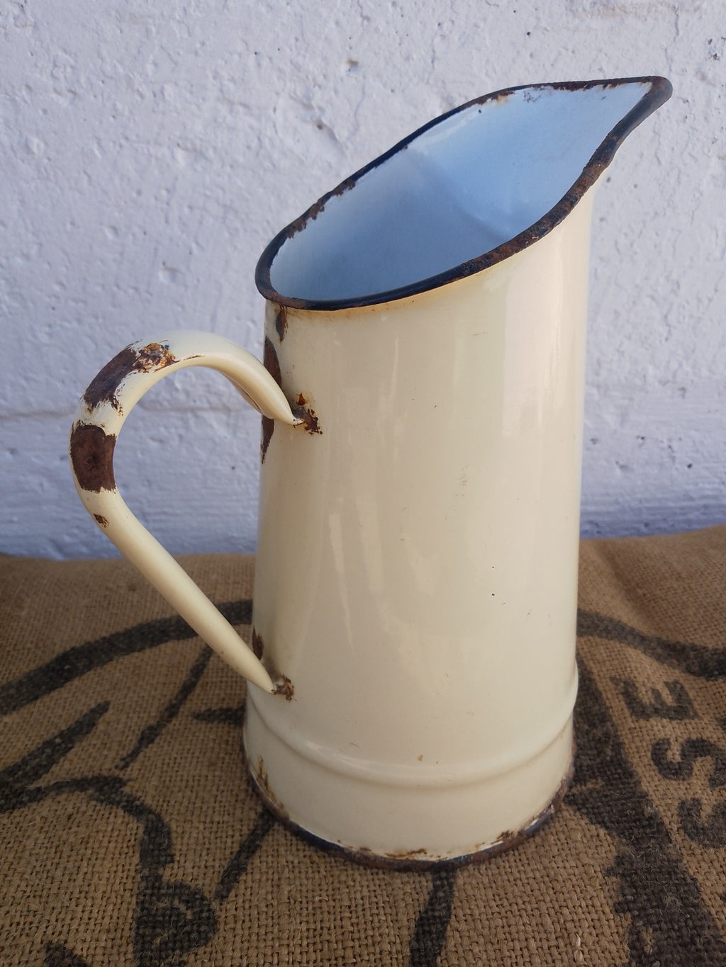 Vintage French Cream Enamel Pitcher Jug Rustic farmhouse Style 20cm tall
