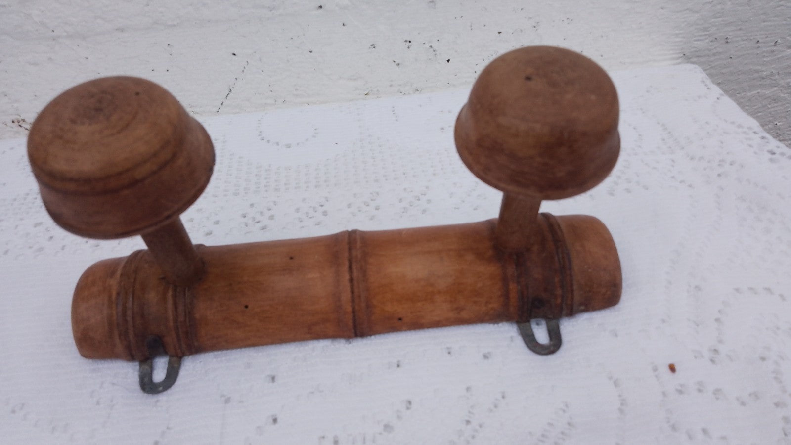 Vintage French 9.5" FAUX BAMBOO TURNED WOOD 2 HOOK COAT RACK Mushroom Pegs