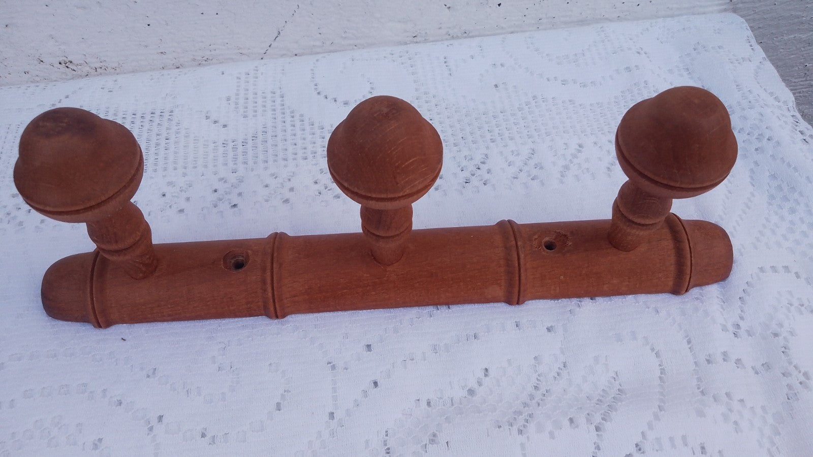 Vintage French 13.75" FAUX BAMBOO TURNED WOOD 3 HOOK COAT RACK Mushroom Pegs