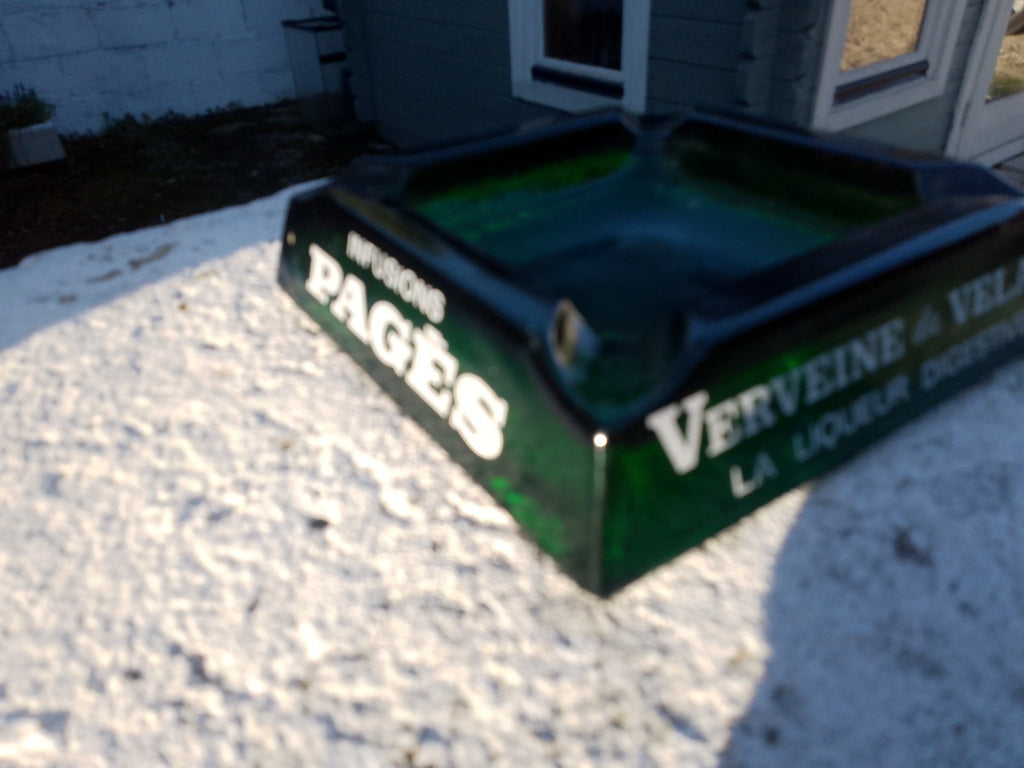 Vintage French Ashtray Verveine du Velay PAGES Liqueur Green Glass Pub Man Cave