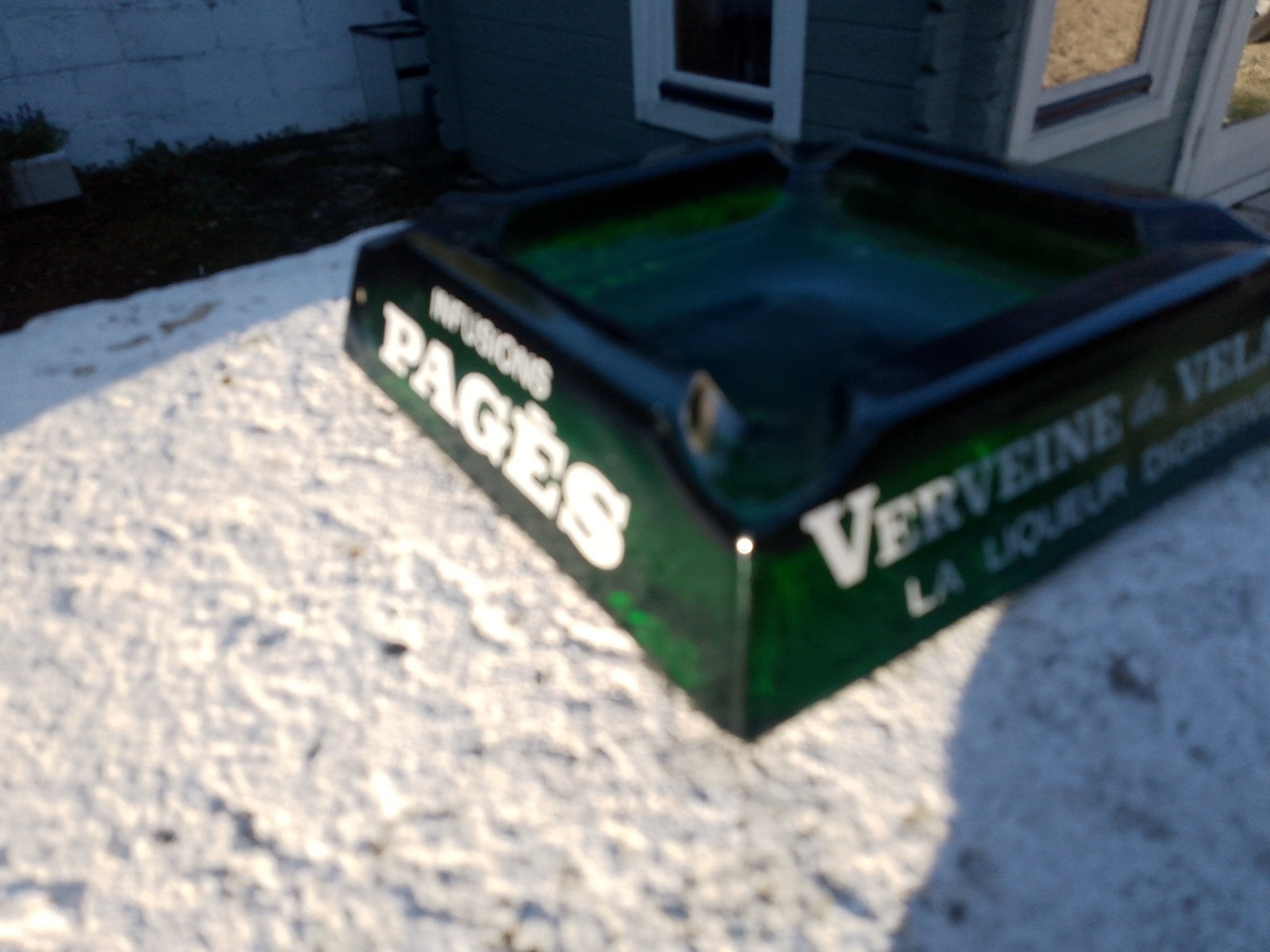 Vintage French Ashtray Verveine du Velay PAGES Liqueur Green Glass Pub Man Cave