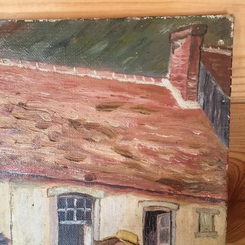 Original Naive Oil on Board French Farm House Scene Family & Horse Signed Dupont