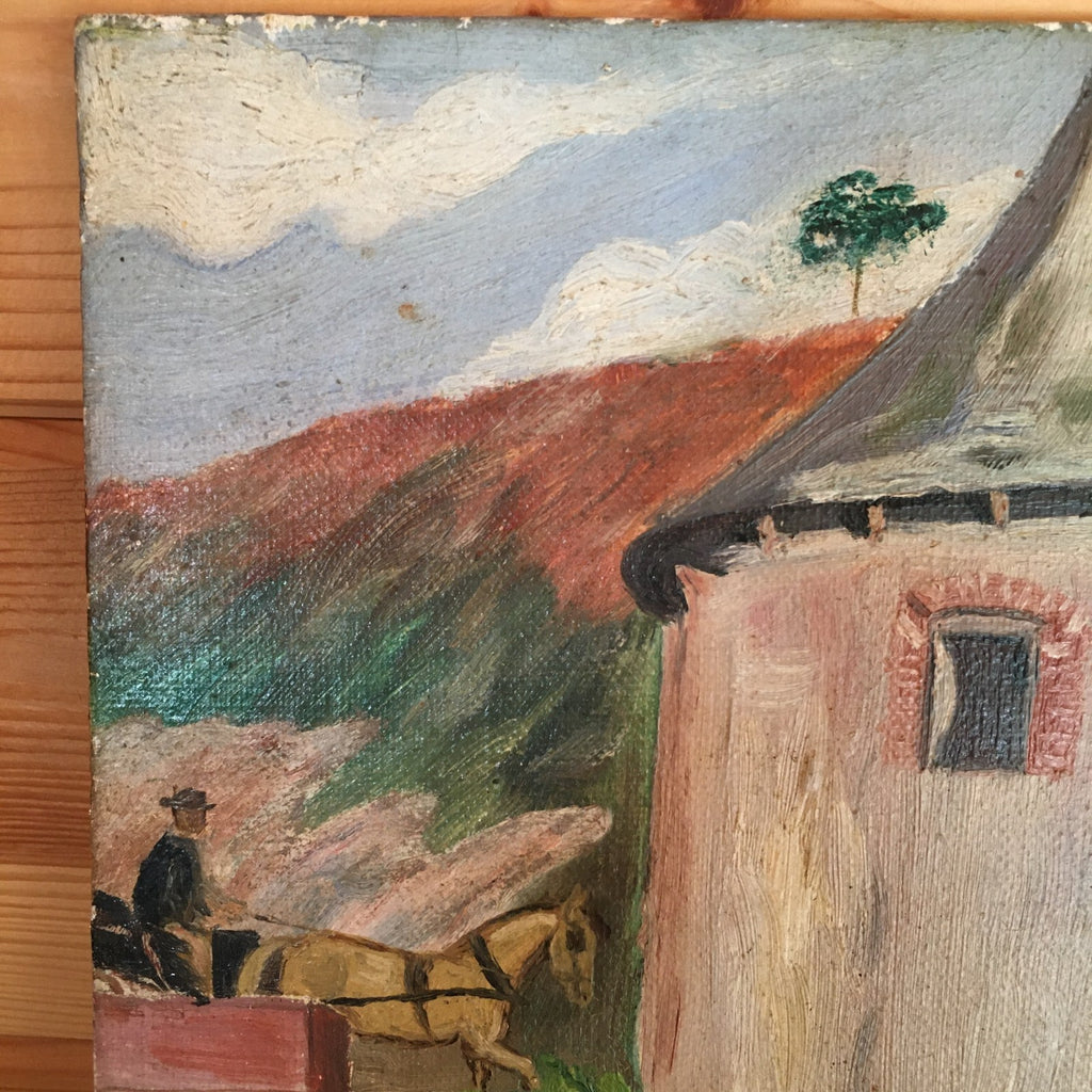 Original Naive Oil on Board French Farm House Scene Family & Horse Signed Dupont