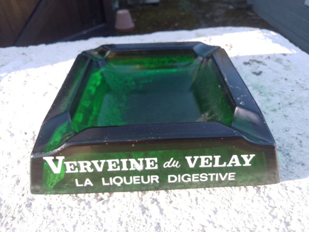 Vintage French Ashtray Verveine du Velay PAGES Liqueur Green Glass Pub Man Cave