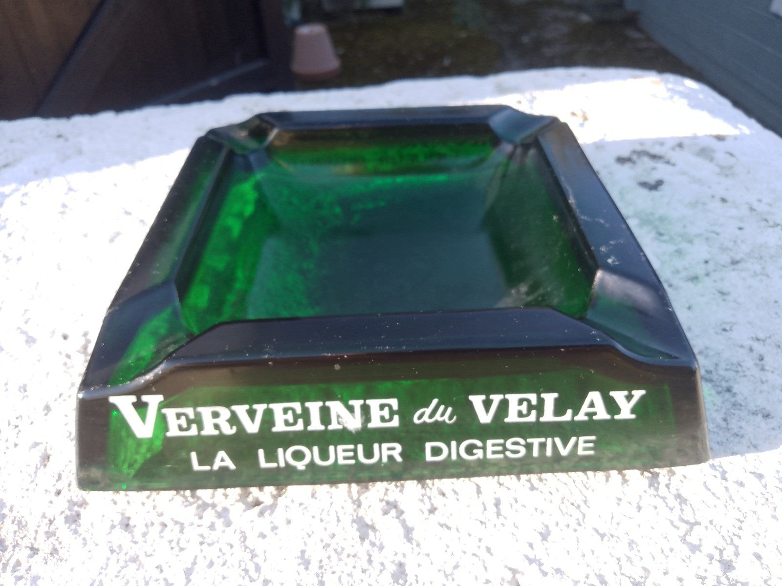 Vintage French Ashtray Verveine du Velay PAGES Liqueur Green Glass Pub Man Cave
