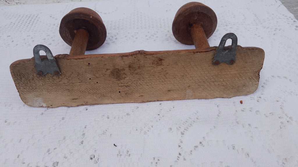 Vintage French 9.5" FAUX BAMBOO TURNED WOOD 2 HOOK COAT RACK Mushroom Pegs