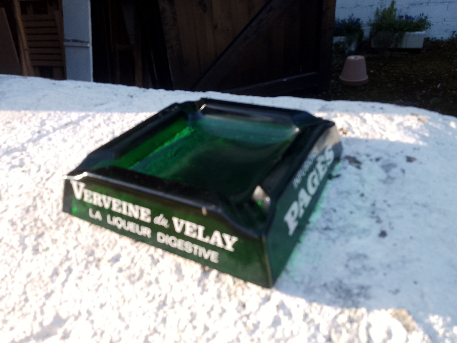 Vintage French Ashtray Verveine du Velay PAGES Liqueur Green Glass Pub Man Cave