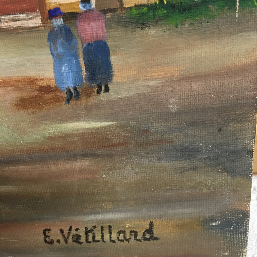 Vintage Naive Oil Painting French Country Village Scene Signed E Vetillard