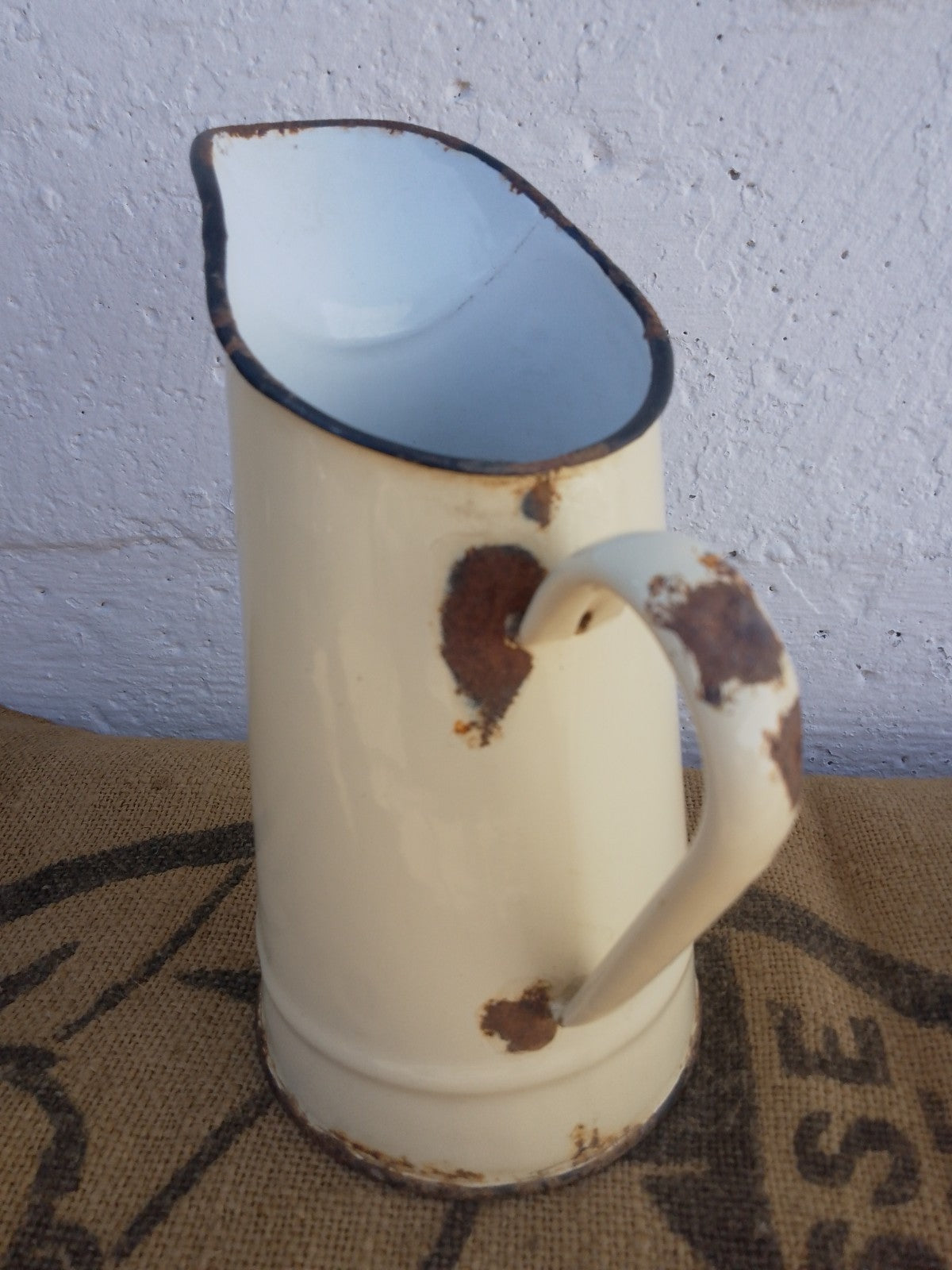 Vintage French Cream Enamel Pitcher Jug Rustic farmhouse Style 20cm tall