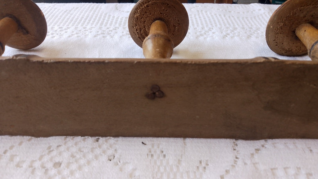 Vintage French 15.75" FAUX BAMBOO TURNED WOOD 3 HOOK COAT RACK Mushroom Pegs