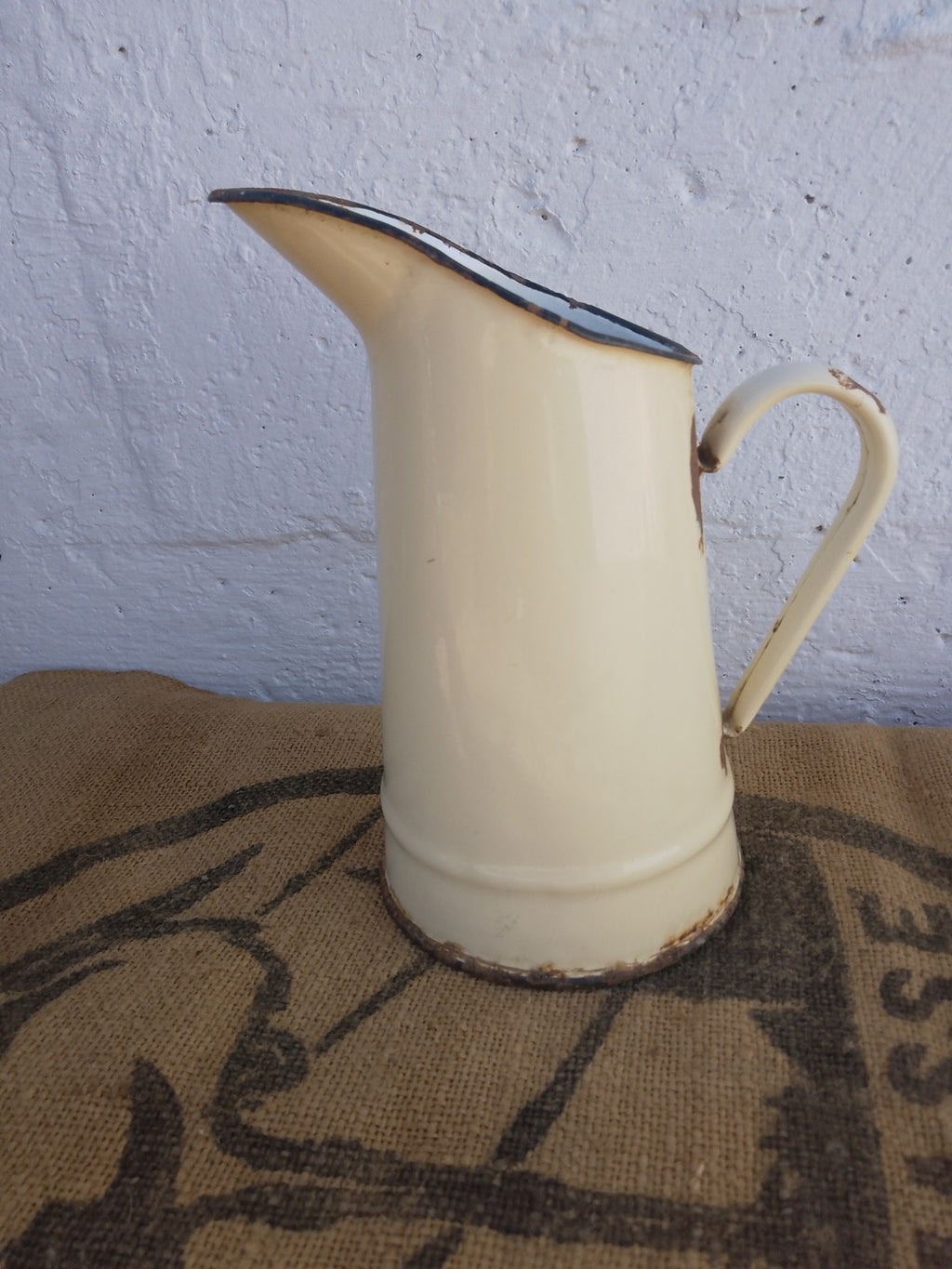 Vintage French Cream Enamel Pitcher Jug Rustic farmhouse Style 20cm tall