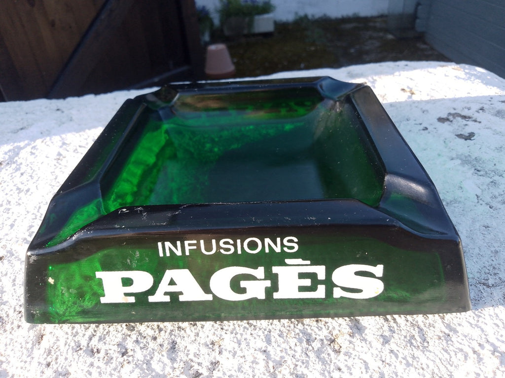 Vintage French Ashtray Verveine du Velay PAGES Liqueur Green Glass Pub Man Cave