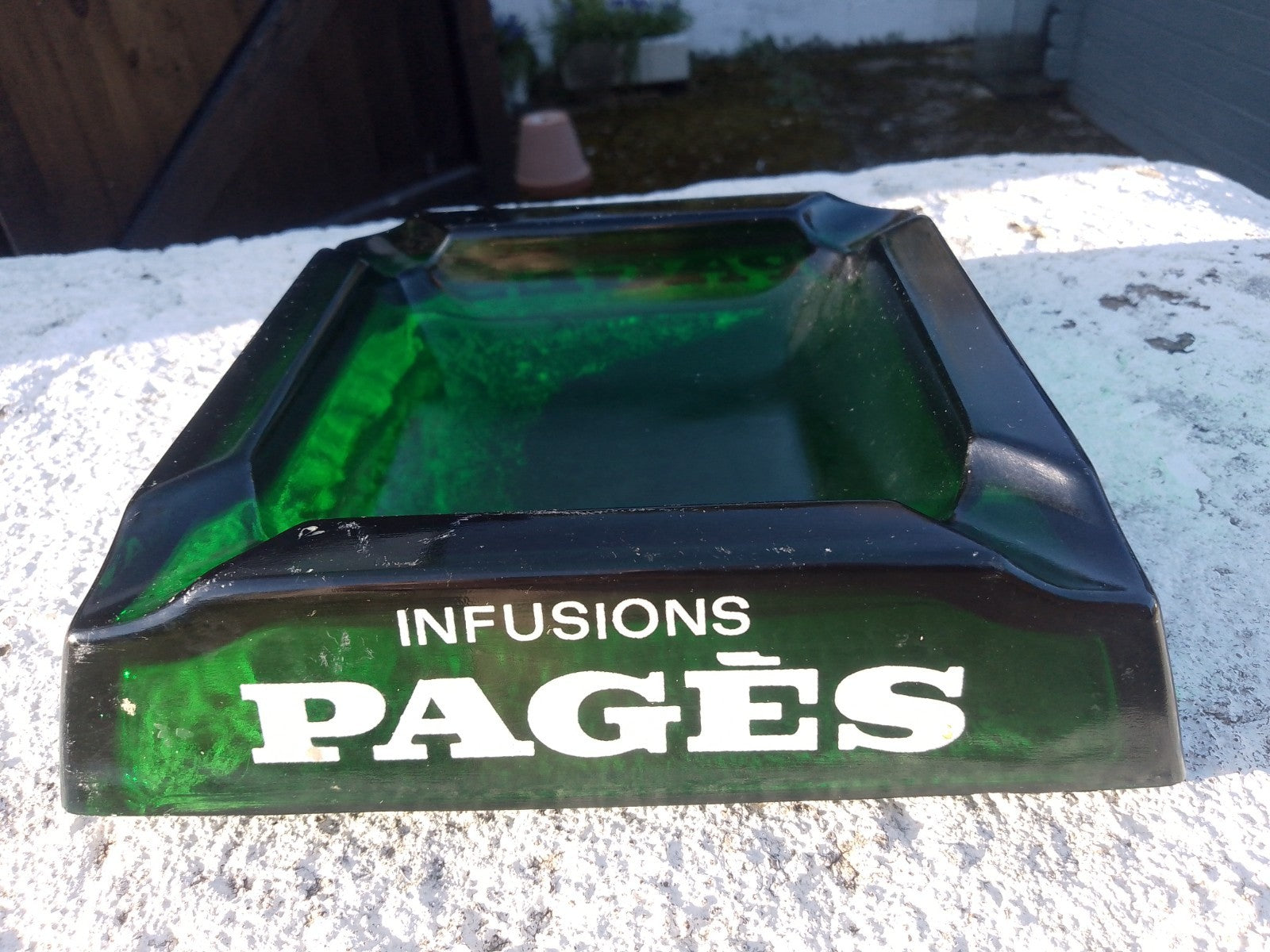 Vintage French Ashtray Verveine du Velay PAGES Liqueur Green Glass Pub Man Cave