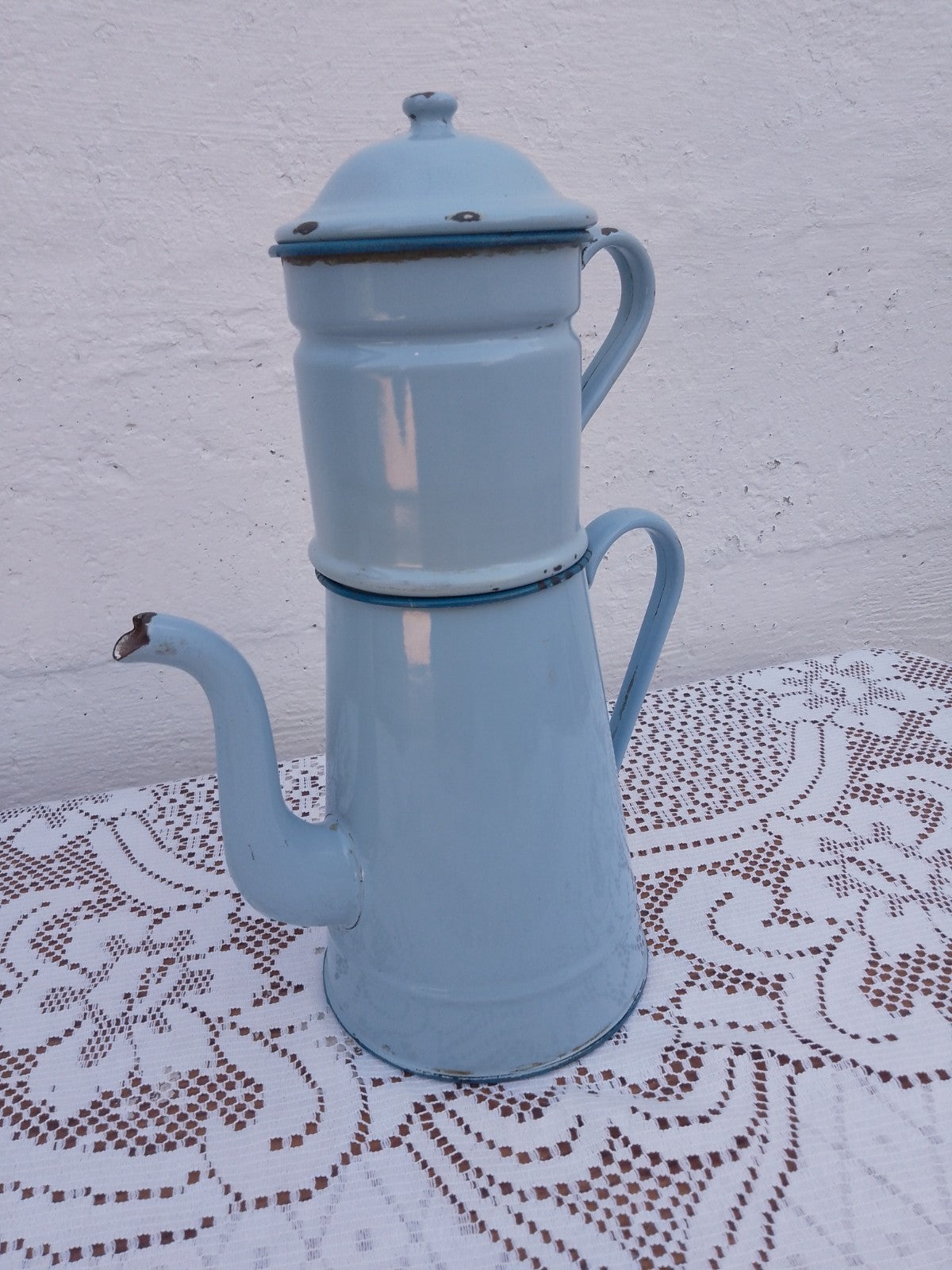 Vintage French Two Tone Pale Blue Enamel Drip Coffee Pot Enamelware 14 inches