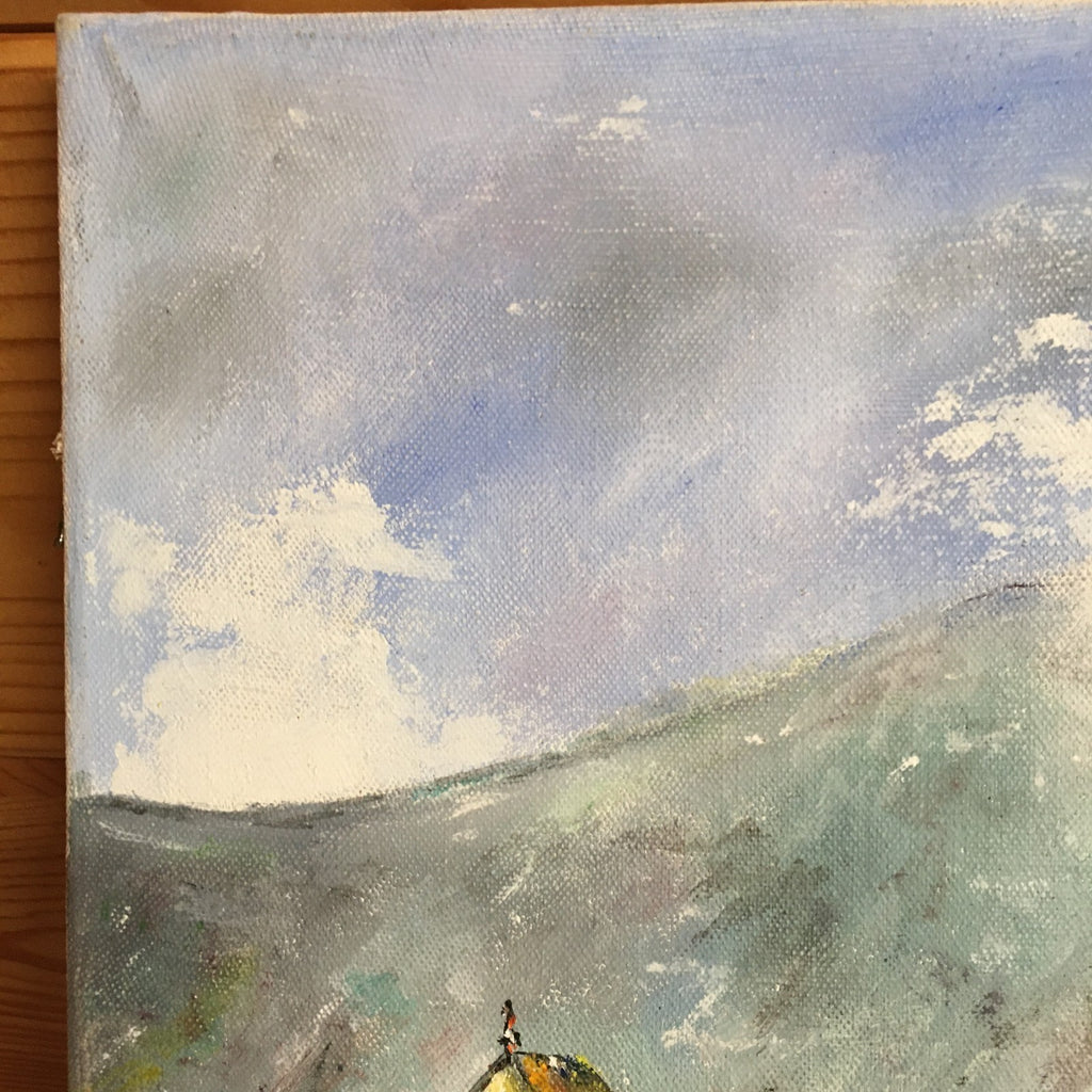 Original Vintage French Naive Oil Painting Mountains & Church Signed M Doltaire