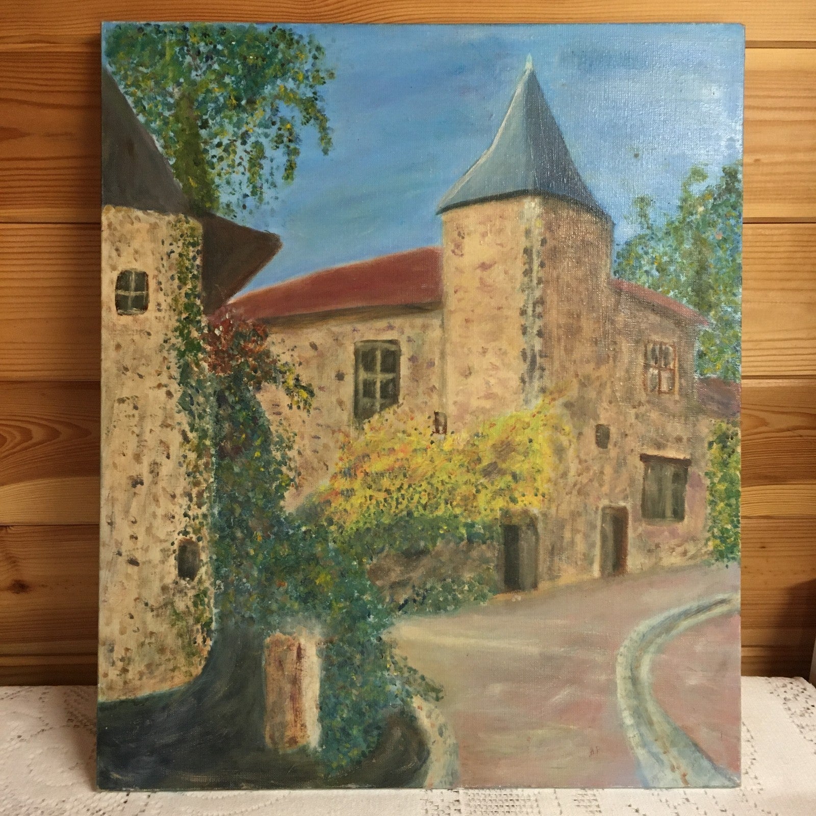 French Naive Vintage Oil Painting. Signed  AD. Typical French Style Chateau