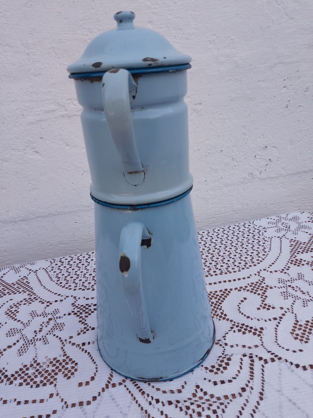 Vintage French Two Tone Pale Blue Enamel Drip Coffee Pot Enamelware 14 inches