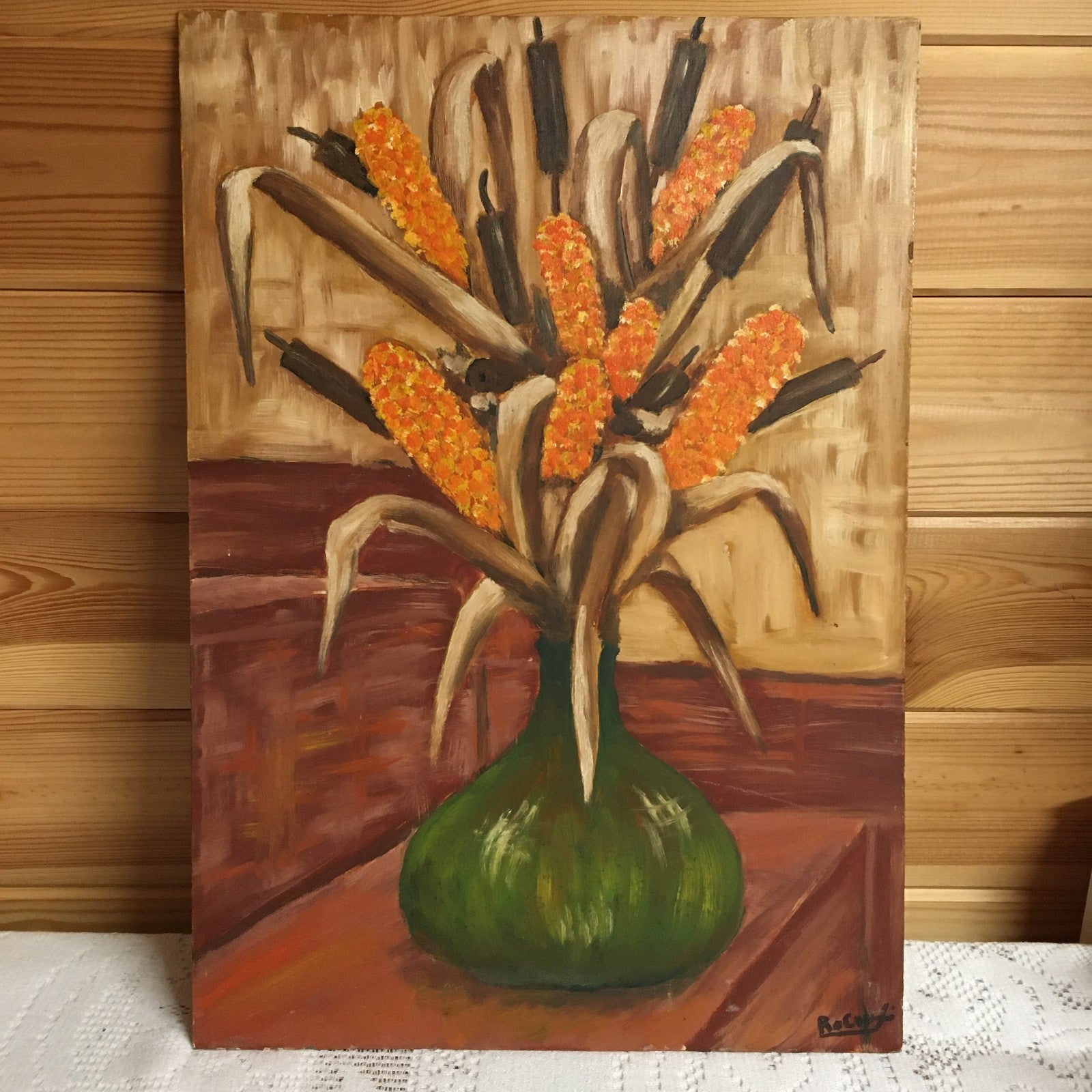 French Naive Vintage Oil Painting Still Life Dried Corn On The Cob In Green Vase