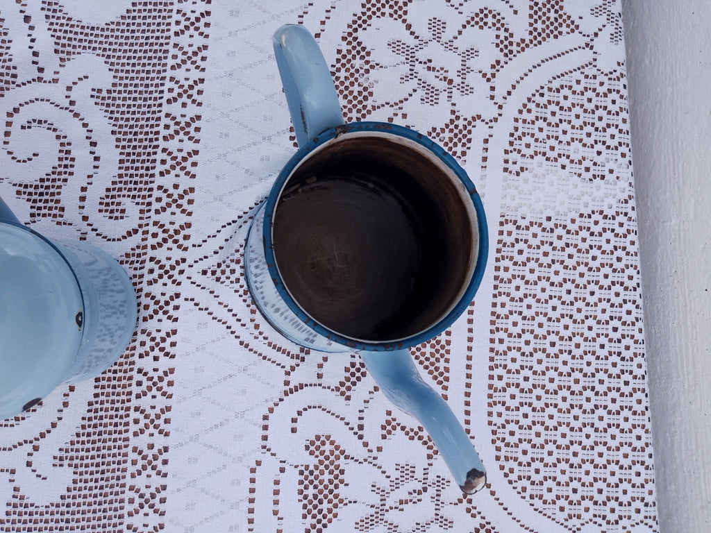 Vintage French Two Tone Pale Blue Enamel Drip Coffee Pot Enamelware 14 inches