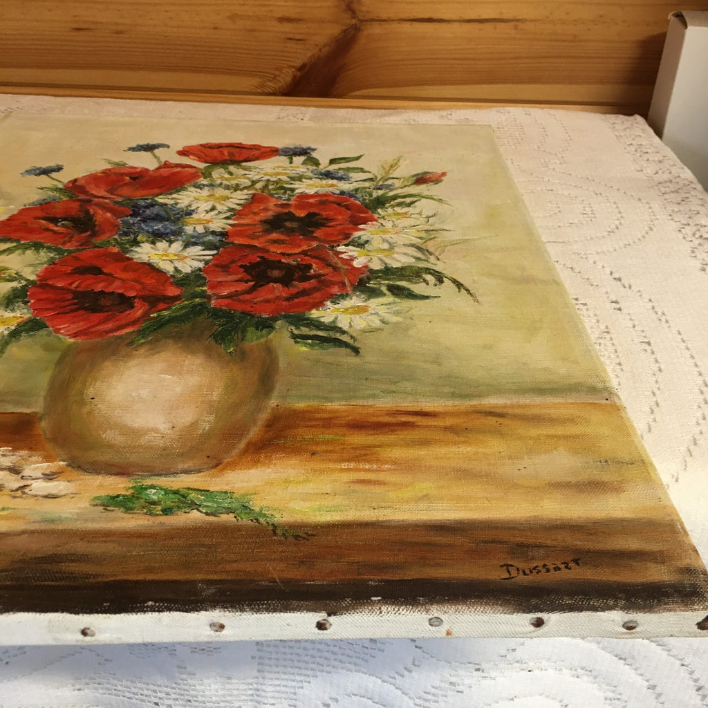 Vintage French Oil Painting. Signed by Dussart. Poppies And Daisies in A Vase