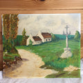 French Naive Vintage Oil Painting Breton Scene Cottage And Stone Cross Signed