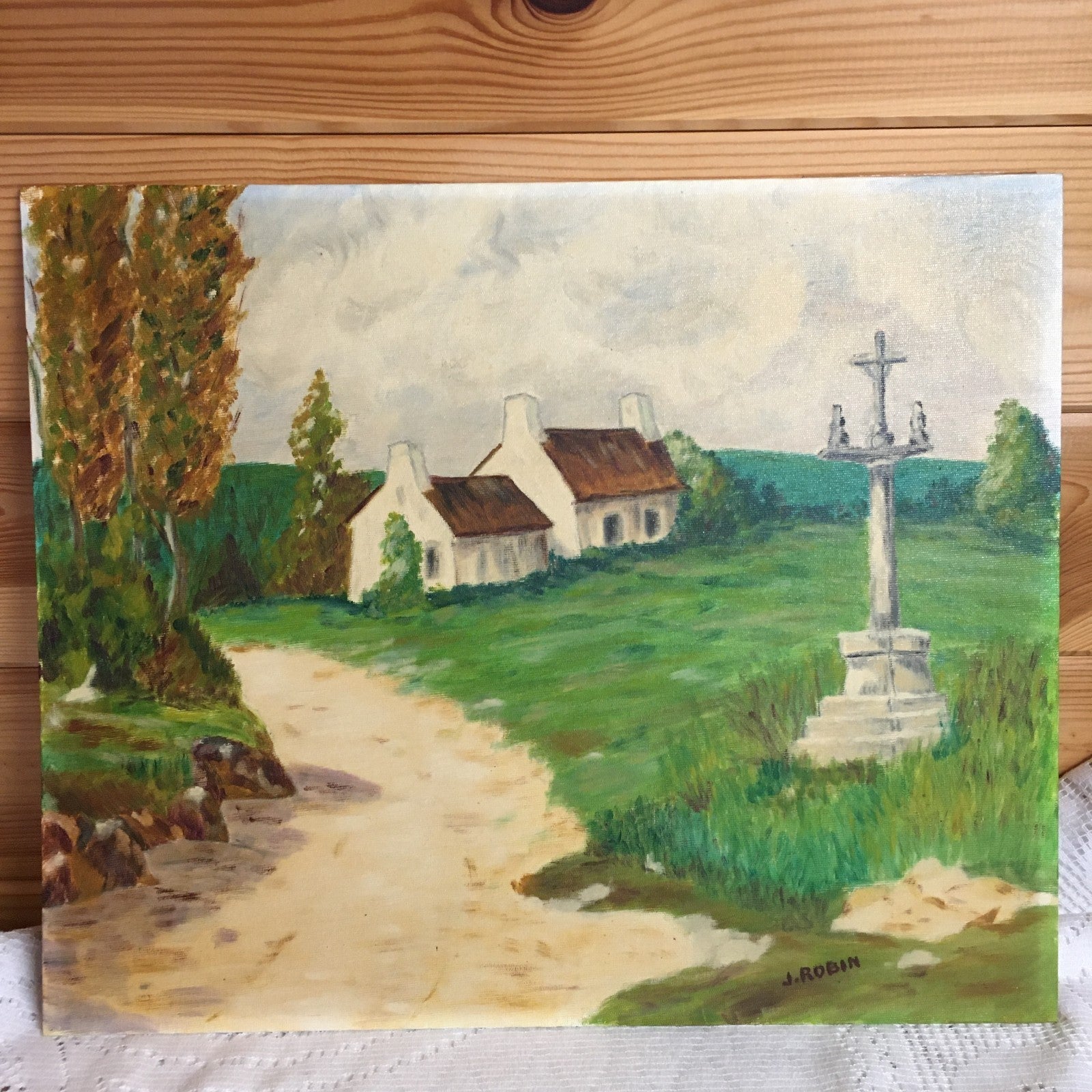 French Naive Vintage Oil Painting Breton Scene Cottage And Stone Cross Signed