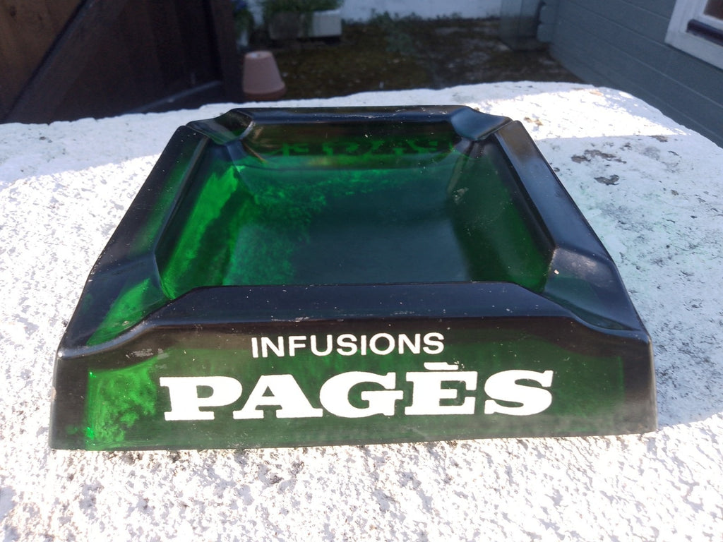 Vintage French Ashtray Verveine du Velay PAGES Liqueur Green Glass Pub Man Cave