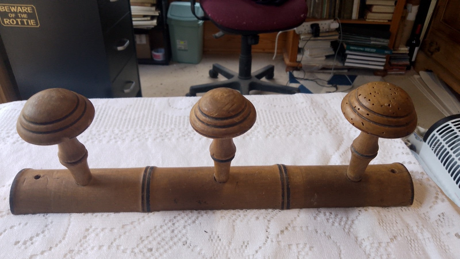 Vintage French 15.75" FAUX BAMBOO TURNED WOOD 3 HOOK COAT RACK Mushroom Pegs