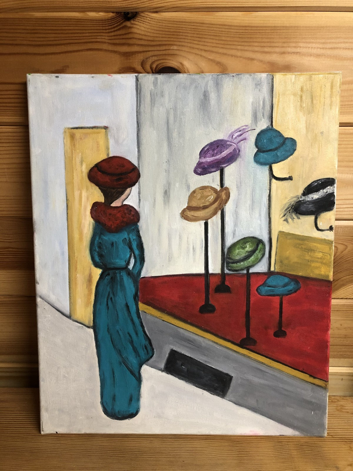 Original French Naive Vintage Canvas Oil Painting. Unsigned. Lady In A Hat Shop.