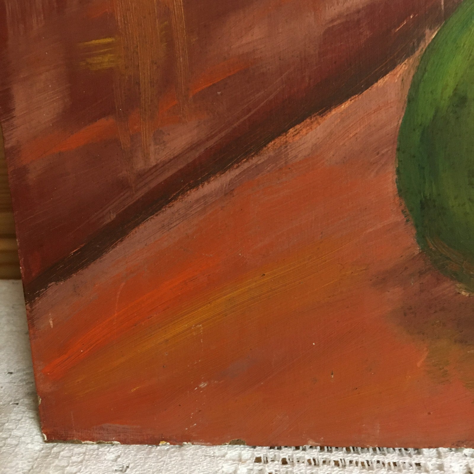 French Naive Vintage Oil Painting Still Life Dried Corn On The Cob In Green Vase
