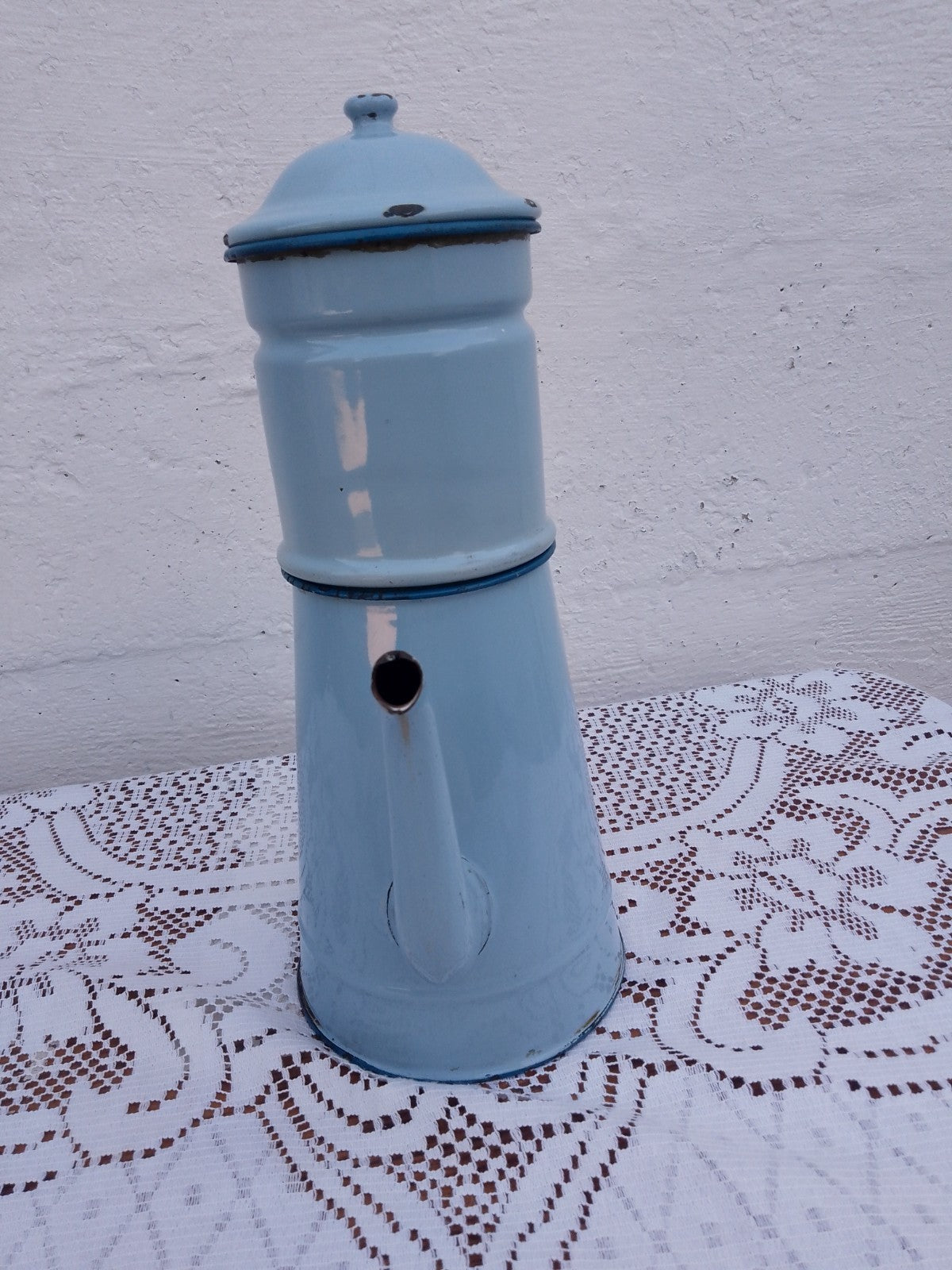 Vintage French Two Tone Pale Blue Enamel Drip Coffee Pot Enamelware 14 inches