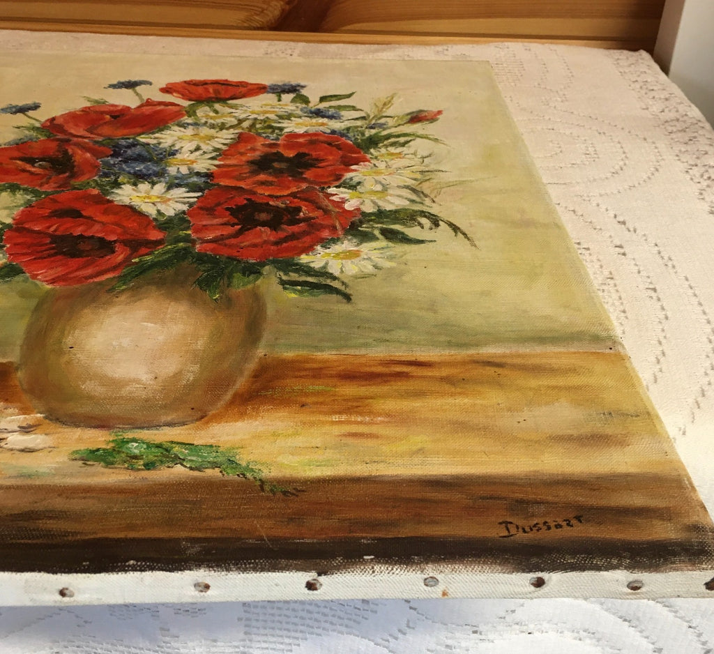 Vintage French Oil Painting. Signed by Dussart. Poppies And Daisies in A Vase