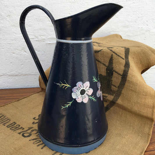 French Vintage Hand Painted Galvanised/Enamel Large Pitcher, Jug, Vase. Rustic, Circa 1960's Home Decor For House and Garden.